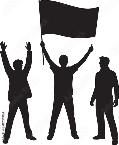 Crowd celebrating victory with raised arms and flag