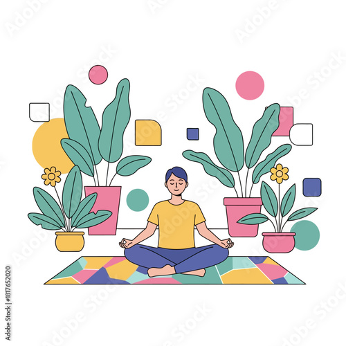 Peaceful meditation 2D flat vector illustration of a person sitting cross-legged on a colorful yoga mat surrounded by large stylized potted plants, promoting mindfulness and mental well-being.