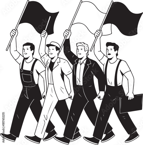 Workers marching for social change, holding flags high