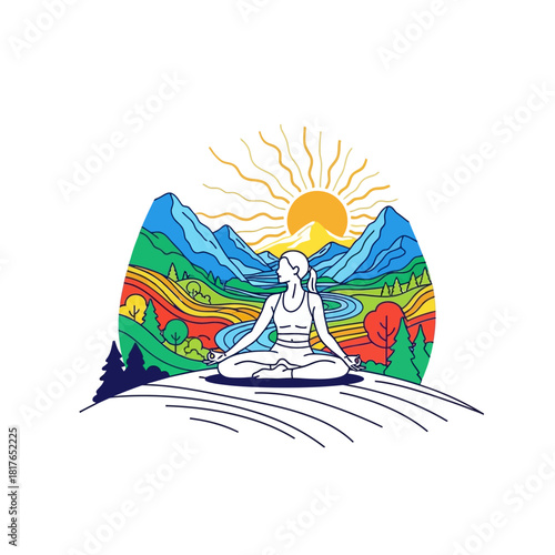 A woman practices the tranquil tree pose on a hill, depicted in a flat 2D vector illustration overlooking an abstract natural landscape with vibrant colors, clean outlines, and a stylized sun.