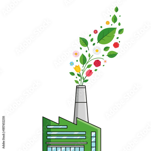 Sustainable industry concept vector illustration featuring a stylized green factory with a smokestack emitting fresh leaves and vibrant flowers, symbolizing clean eco-friendly manufacturing.