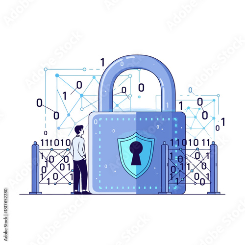 Cybersecurity protection is visualized in this vibrant flat 2D vector illustration featuring a man standing guard beside a giant digital padlock secured by swirling binary code.
