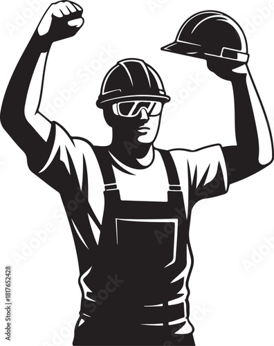 Celebrating construction worker with hardhat raised