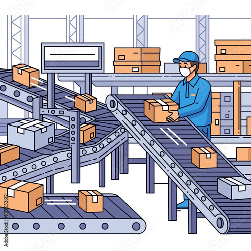 A masked delivery driver loads brown packages onto a complex automated conveyor belt system in a bustling e-commerce fulfillment center, presented as a vibrant 2D flat vector illustration.