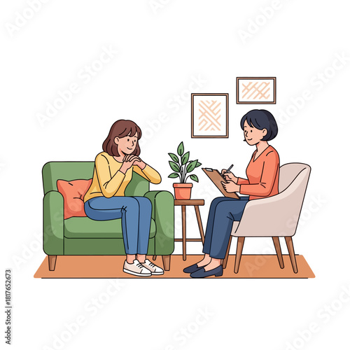 This 2D flat vector illustration depicts a young woman client sitting comfortably on a couch speaking to a female therapist holding a clipboard during a mental health session.