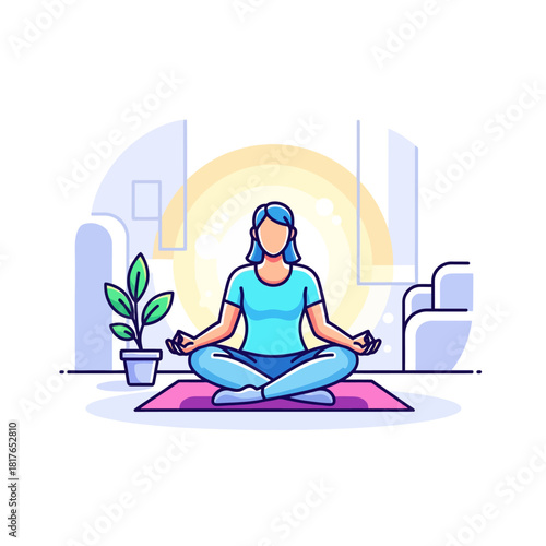 A figure sits cross-legged in a yoga pose on a mat in a stylized room, with vibrant colors and soft glowing light, symbolizing serenity in a 2D flat illustration.