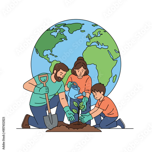 Diverse people are collaborating to plant a green sapling into the soil using gardening tools, set against a stylized earth globe backdrop in this 2D flat vector illustration.