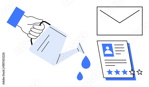 Hand pouring water onto a detailed profile document beside a closed envelope, complemented by star ratings. Ideal for growth, recruitment, evaluation, feedback, communication, career development
