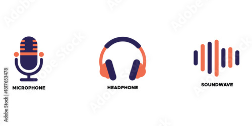Set of audio icons including a microphone headphones and soundwave simple flat vector design elements for music and podcasting apps isolated on white background