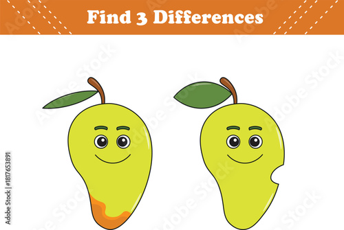 Education game for children find three differences between two fruits cartoon. Vector illustration