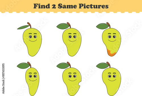 Funny cartoon fruits. Find two same pictures. Educational game for children. Cartoon vector illustration