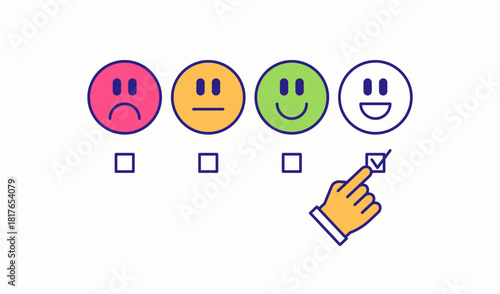 Customer satisfaction rating icons with selectable emoji faces and check mark