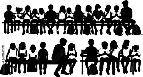 Vector silhouettes of a children and a teenagers sitting on a bench, a group of young people, black color on a white background
