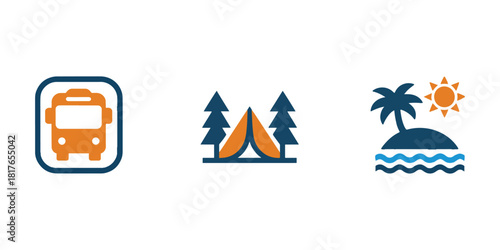 Set of travel icons including bus camping and beach simple flat vector design element for tourism and vacation planning isolated on white background