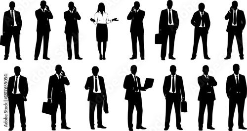 Set of vector silhouettes of men and a women, a group of standing business people, black color isolated on white background
