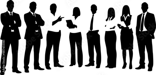 Set of vector silhouettes of men and a women, a group of standing business people, black color isolated on white background

