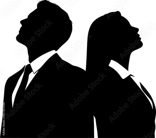 Vector silhouettes of a man and a woman, a couple of business people standing in profile, looking up, black color on a white background
