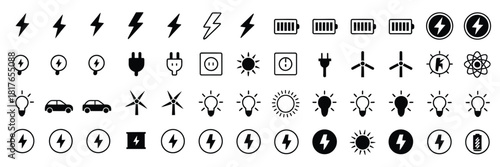 electricity icons set thin line vector collection featuring renewable green energy symbols for power generation, environmental sustainability reports, Eco technology presentations, digital dashboards.