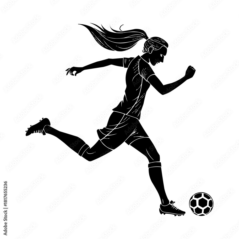 Obraz premium Female Soccer Player PNG Silhouette – Woman Football Athlete Kicking Ball Transparent Background