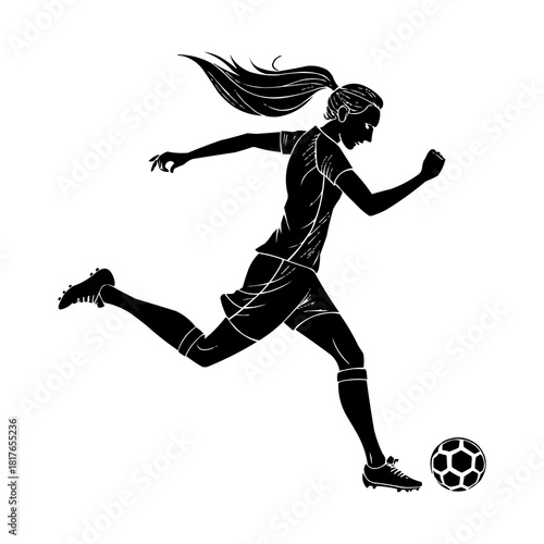 Female Soccer Player PNG Silhouette – Woman Football Athlete Kicking Ball Transparent Background