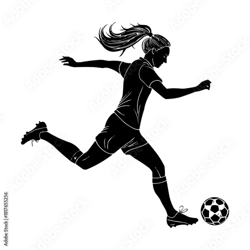 Female Soccer Player PNG Silhouette – Woman Football Athlete Kicking Ball Transparent Background