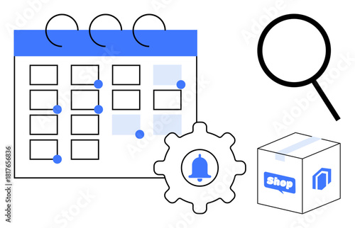 Calendar with marked dates, settings gear, alert bell, magnifying glass, and parcel box. Ideal for organization, management, shopping scheduling logistics productivity online services. Simple