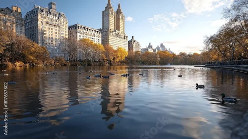 Central Park pond scene with buildings reflected in water and ducks swimming