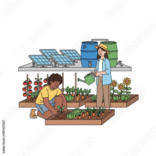 Two diverse people are tending plants in an urban rooftop garden featuring solar panels and rainwater barrels, depicted in a vibrant 2D flat vector illustration.