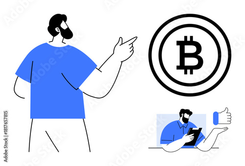 Man pointing to a bitcoin logo, tablet user showing approval with thumbs up. Ideal for cryptocurrency, finance, blockchain, investment, digital economy, fintech modern technology. Simple flat