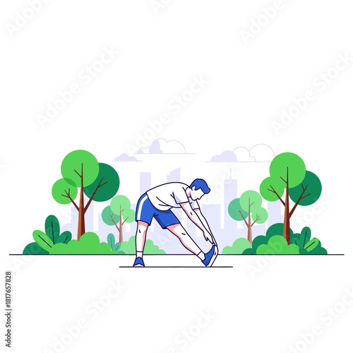 A vibrant 2D flat vector illustration features a man performing a stretching exercise in a public park, promoting physical flexibility, wellness, and a healthy lifestyle against a distant cityscape.