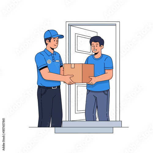 Home delivery service concept vector illustration showing a friendly courier giving a cardboard box to a smiling client standing at their house entrance.