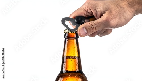 Hand using a bottle opener to remove the cap of a beer bottle, isolated white