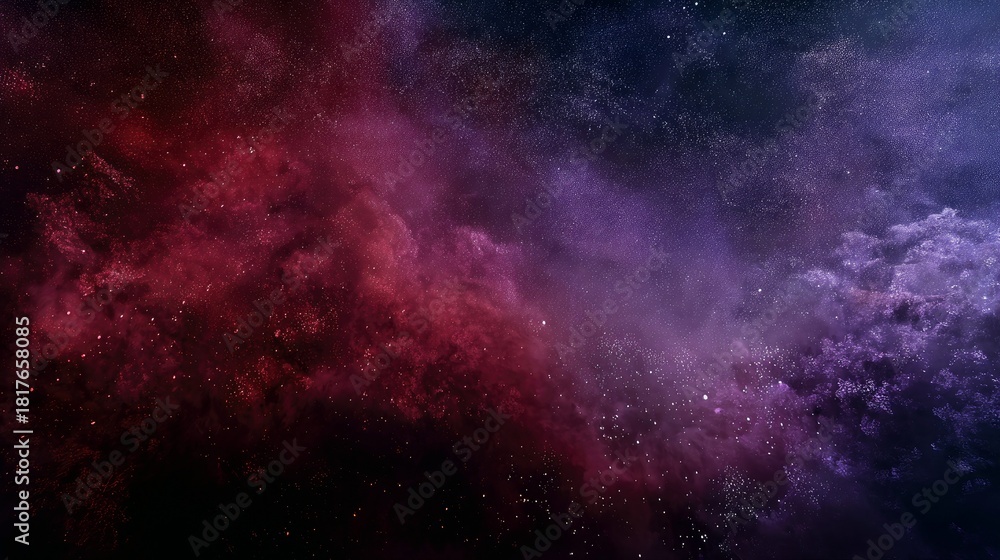 Obraz premium A vibrant cosmic nebula with swirling clouds of red and purple gas, illuminated by countless tiny stars, creating a sense of vastness and mystery in deep space.