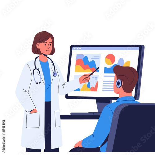 A female doctor explains diagnostic results on a large screen to a seated male patient during a medical consultation in a vibrant 2D flat illustration.