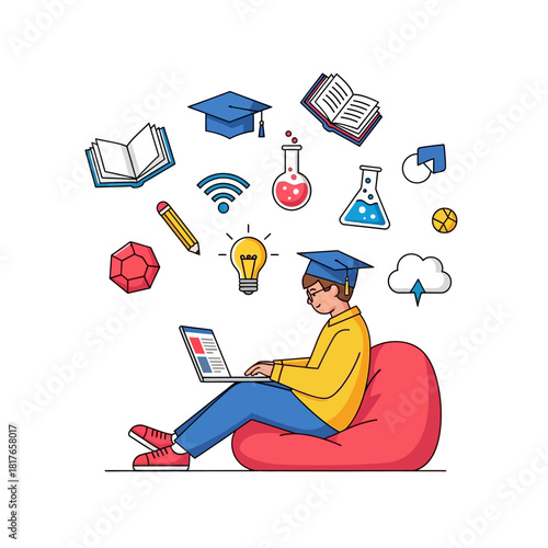 A relaxed student studies on a beanbag with a laptop, surrounded by floating icons representing knowledge and edtech in a vibrant 2D flat illustration.