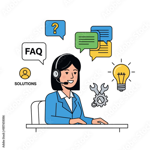 A dedicated customer service agent provides technical assistance via headset, sitting surrounded by floating communication icons in a vibrant, clean 2D flat vector illustration.