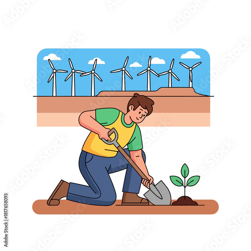 A young person plants a seedling with a shovel, linking ecological growth to wind turbines on the horizon in a vibrant flat 2D illustration.