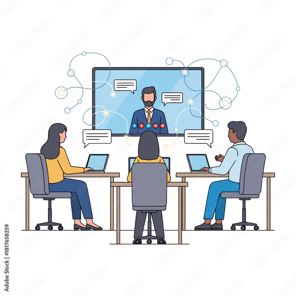 Fototapeta premium Three diverse professionals use laptops for a virtual video conference, collaborating via abstract network connections in a clean 2D flat illustration on a white background.