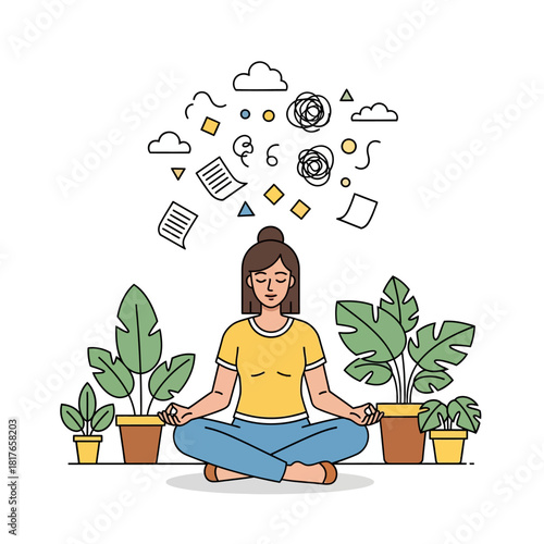 Flat 2D vector illustration of a calm woman sitting cross-legged on the floor meditating, achieving mental clarity as abstract thought clouds float away.