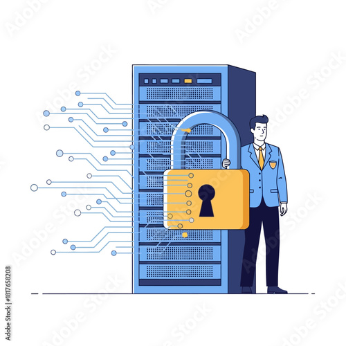 Cybersecurity professional guards a network server rack protected by a giant padlock, illustrating robust digital data security in a vibrant 2D flat vector style.