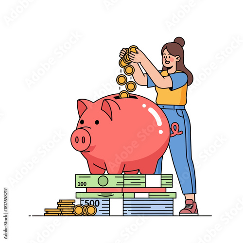 A smiling young woman happily pours golden coins into a gigantic pink piggy bank resting on a stack of paper currency, symbolizing financial savings in a clean 2D flat vector illustration.