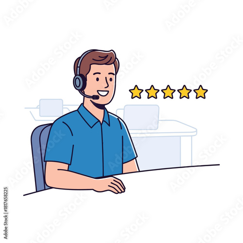 A friendly male customer service agent is smiling while sitting at a call center desk, recognized by a five-star rating icon in this vibrant 2D flat vector illustration.