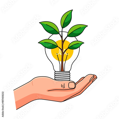 Human hand gently holds a lightbulb with a growing sapling inside, captured in a vibrant 2D flat vector illustration symbolizing sustainable energy and eco-innovation.
