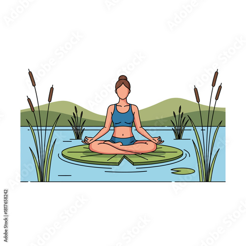 A vibrant 2D flat vector illustration shows a peaceful woman performing the meditative lotus yoga pose on a floating lily pad amidst a calm pond and minimalist nature.