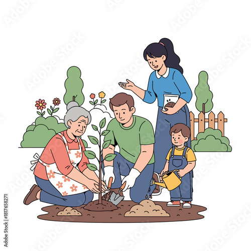 A loving multi-generational family is happily planting a small tree sapling in fertile earth, collaborating on growth and sustainability in a stylized flat 2D vector illustration.