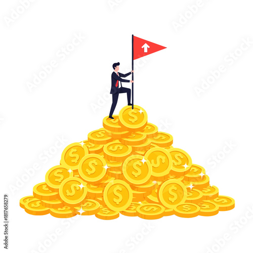 Financial achievement vector illustration showing a successful businessman planting a flag on a massive pile of stylized gold coins, representing high investment growth and success.