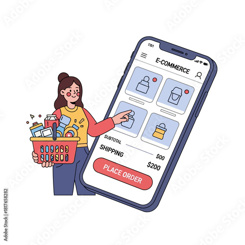 A cheerful young woman holding a shopping basket is interacting with a giant mobile phone showing an active e-commerce checkout page, featured in a simplified 2D flat vector illustration.