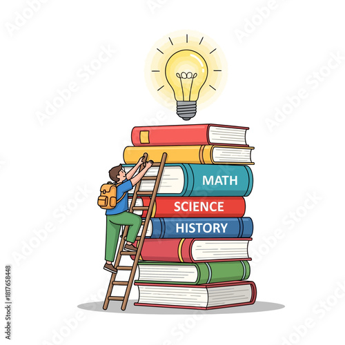 Flat 2D vector illustration depicts a motivated student climbing a small wooden ladder up a massive stack of books to reach a bright glowing idea lightbulb.