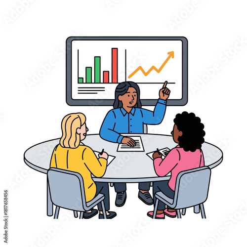 Diverse colleagues collaborate in a productive business meeting, reviewing financial growth charts projected onto a wall screen in this vibrant 2D flat vector illustration.