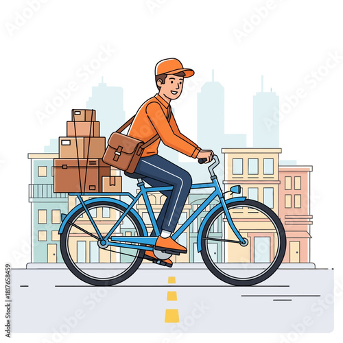 A smiling delivery courier swiftly rides a bicycle loaded with packages down a stylized cityscape street, rendered in a vibrant 2D flat vector illustration.